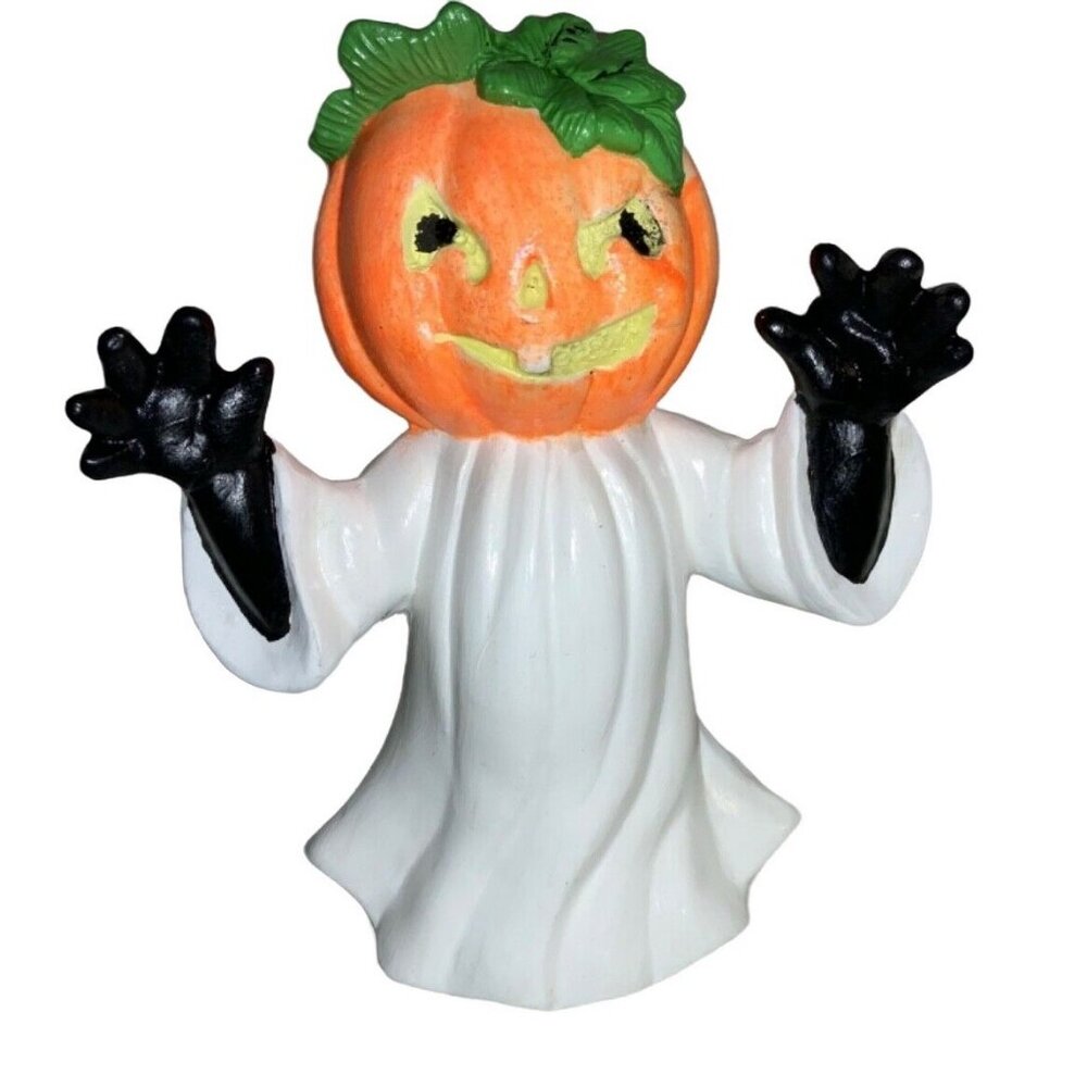 Halloween Pumpkin Head Ghost Ceramic Figurine- 7 1/4 inches
